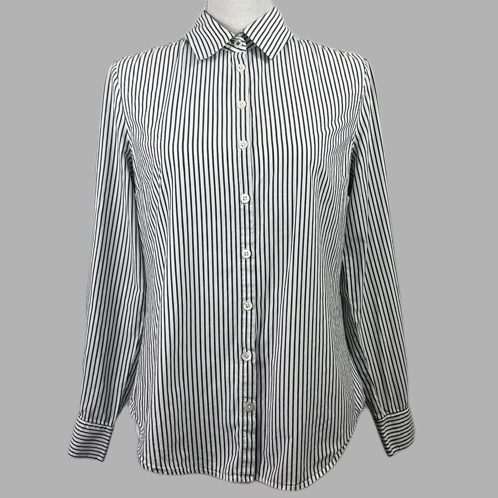 Tommy Bahama Women’s S White Gray Striped Woven Cotton Button-Up Blouse